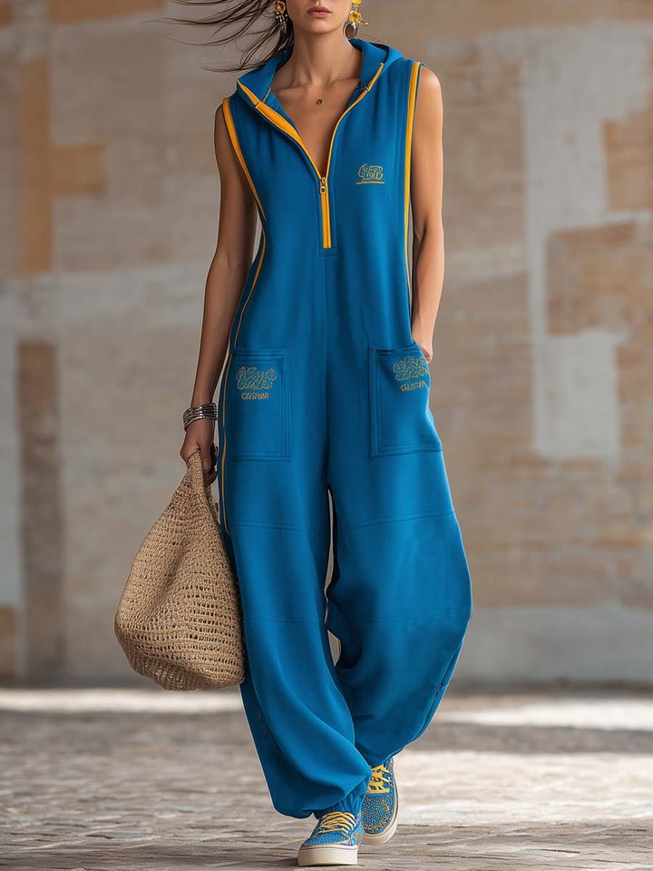 Uniform | Sporty Hooded Yellow Trim Front Zipper Jumpsuit