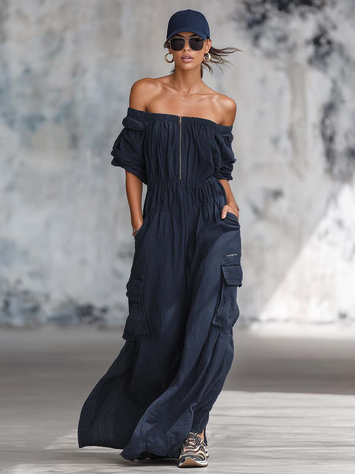 Essential | Breathable Off-shoulder Front Zipper Jumpsuit
