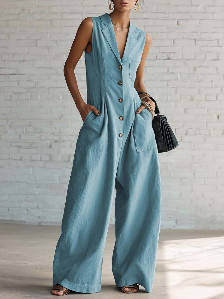 Studio | Notched Lapel V-neck Front-button Jumpsuit