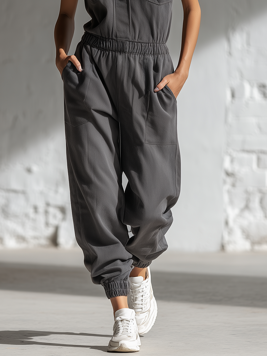 Classic | Loose-fitting Sleeveless Stand-collar Front-buttoned Jumpsuit