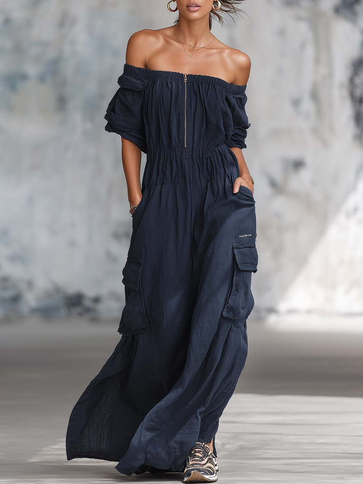 Essential | Breathable Off-shoulder Front Zipper Jumpsuit