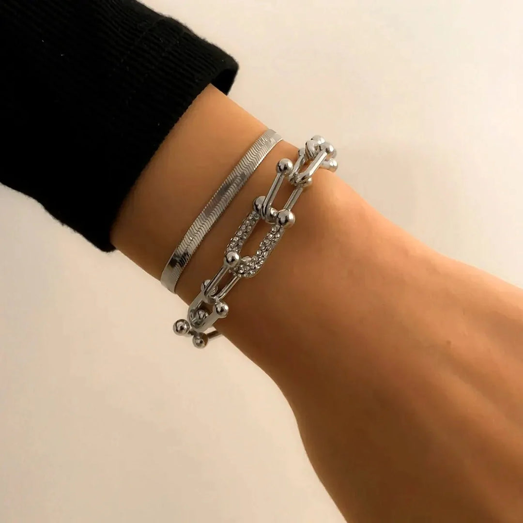 2-Piece Lock Chain & Herringbone Bracelet Set