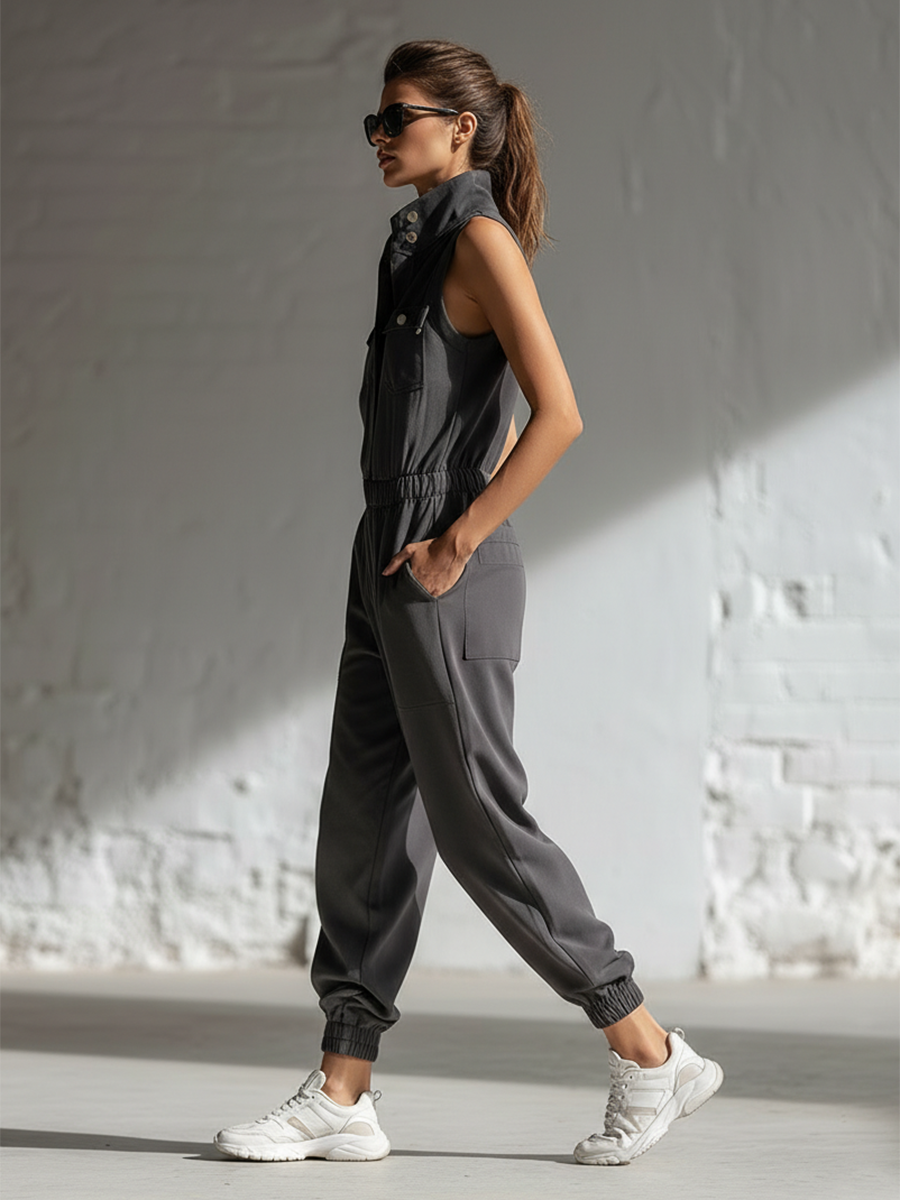 Classic | Loose-fitting Sleeveless Stand-collar Front-buttoned Jumpsuit