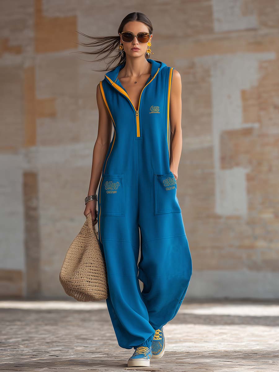 Uniform | Sporty Hooded Yellow Trim Front Zipper Jumpsuit