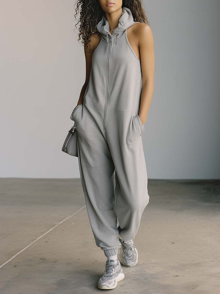 State | Sporty Hooded Front-zip Sleeveless Jumpsuit