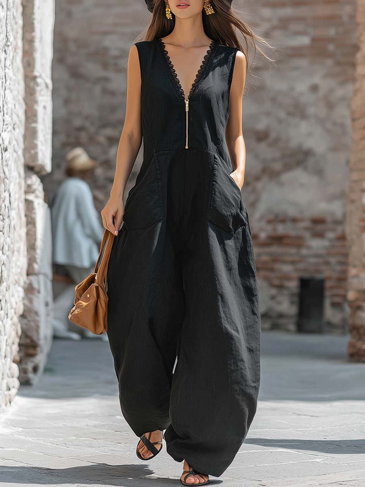 Measure | Exquisite Loose Lace V-neck Front Zipper Jumpsuit