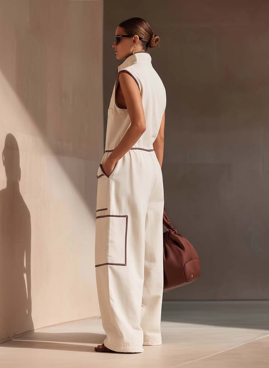 Refine | Urban Front-zip With Brown Trim Jumpsuit
