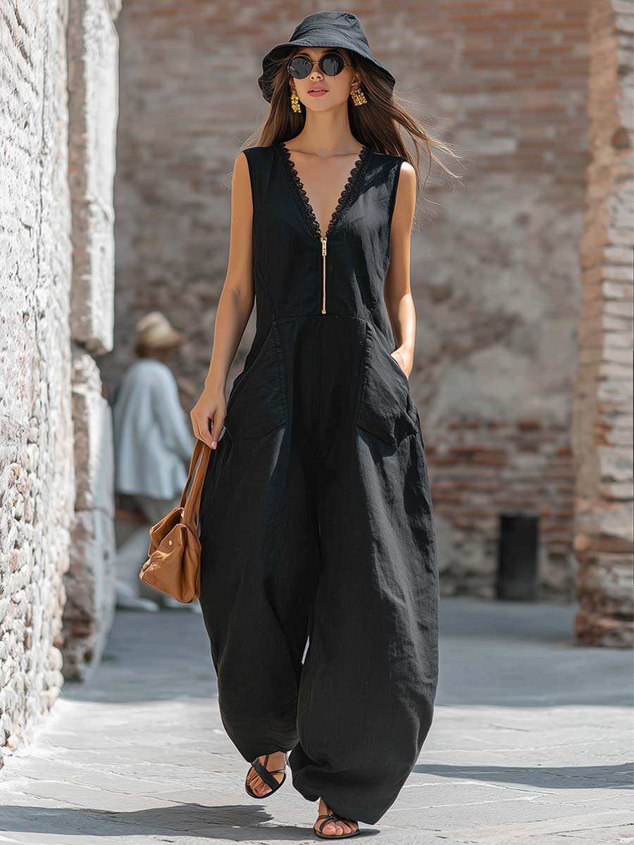 Measure | Exquisite Loose Lace V-neck Front Zipper Jumpsuit