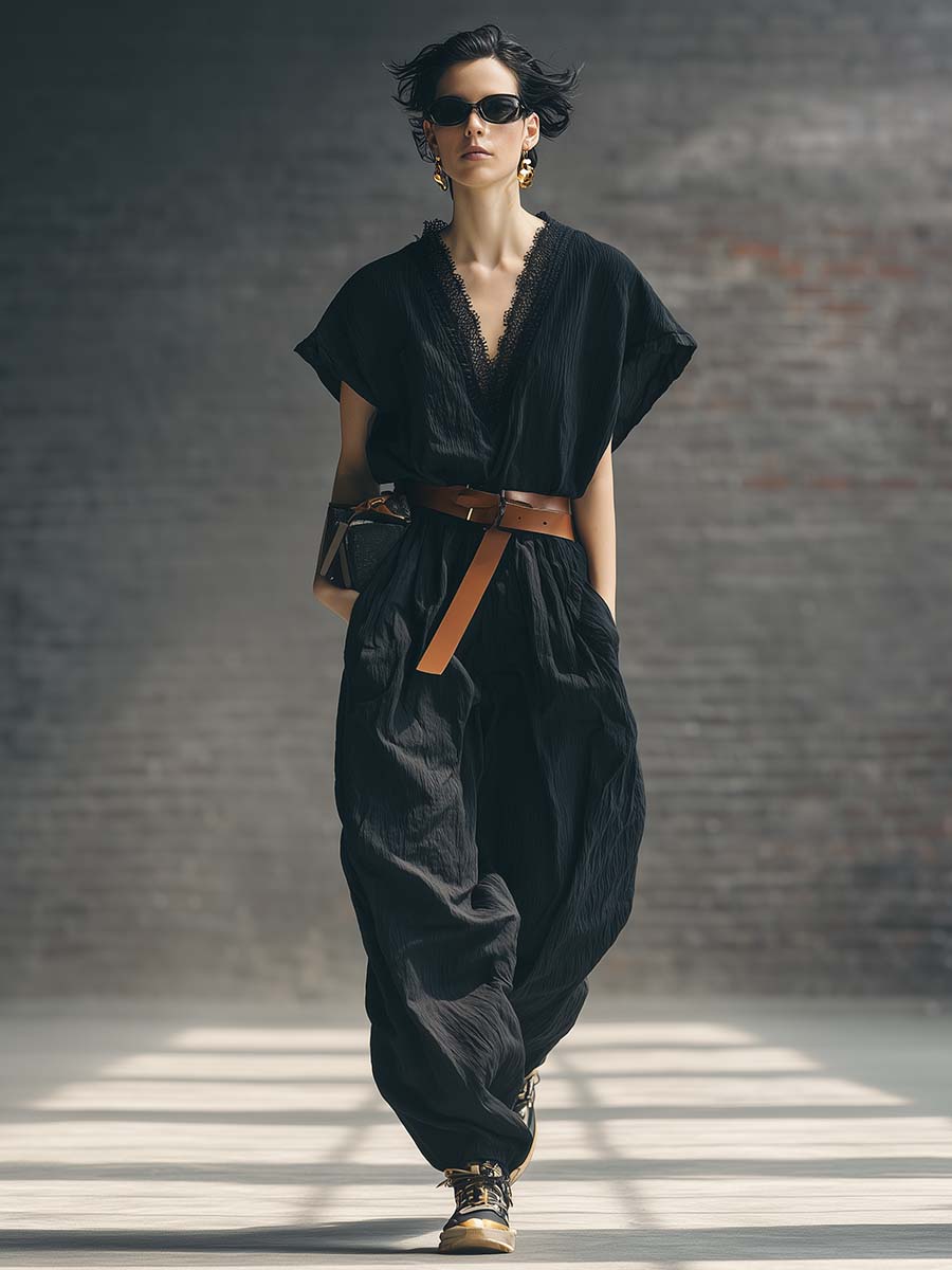 Archive | Loose-fitting V-neck Trim Black Jumpsuit