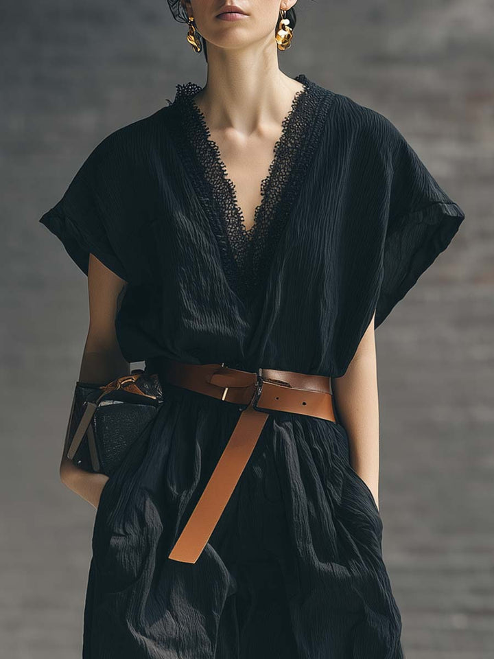 Archive | Loose-fitting V-neck Trim Black Jumpsuit