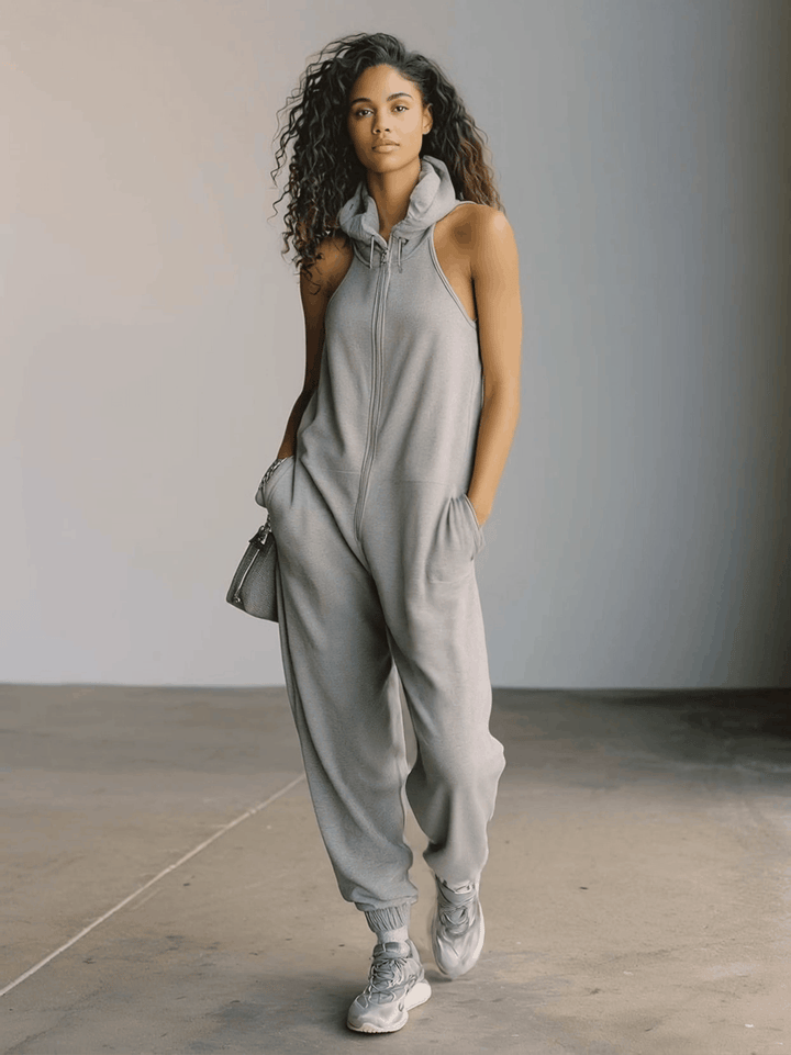 State | Sporty Hooded Front-zip Sleeveless Jumpsuit