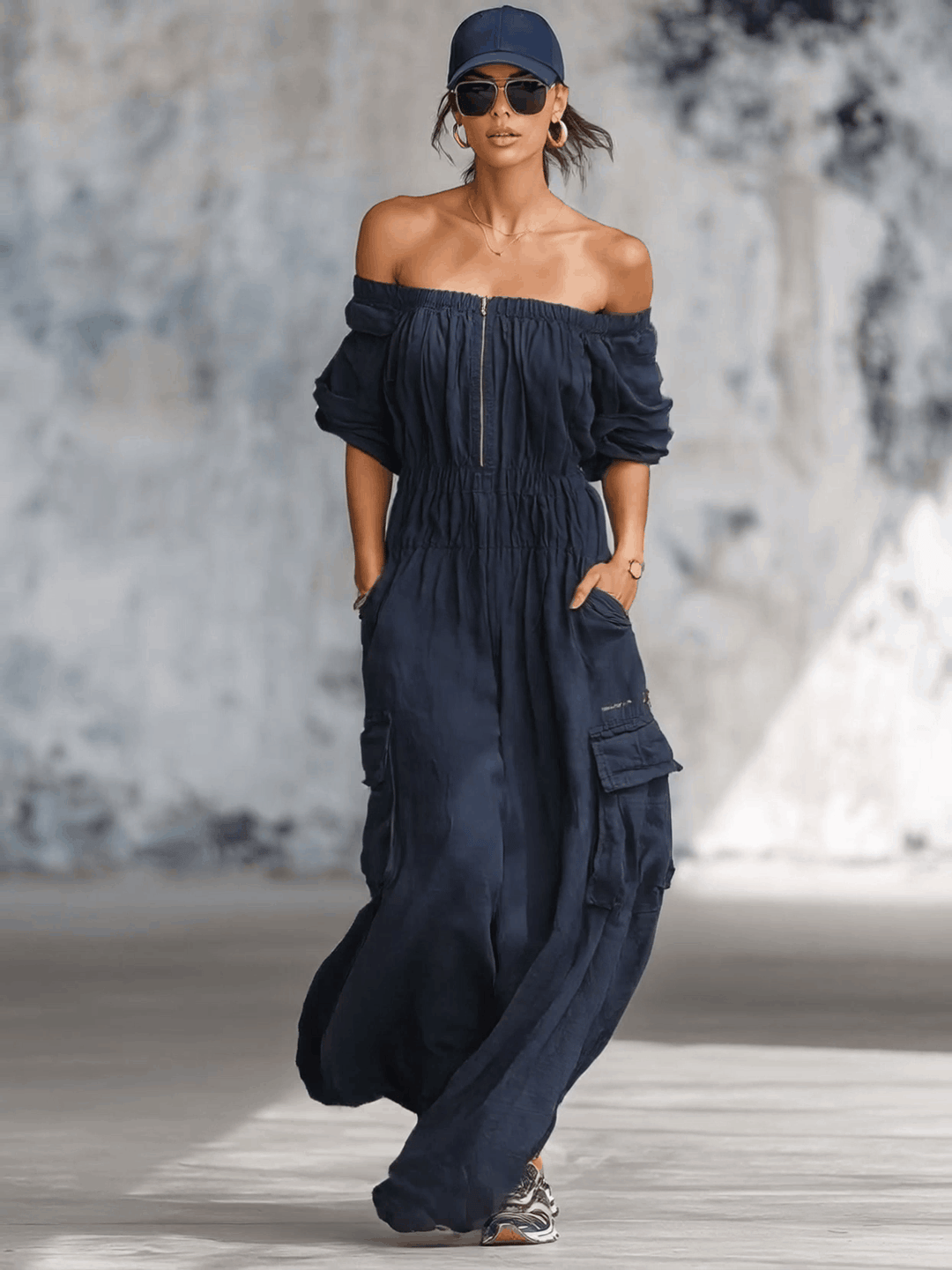 Essential | Breathable Off-shoulder Front Zipper Jumpsuit