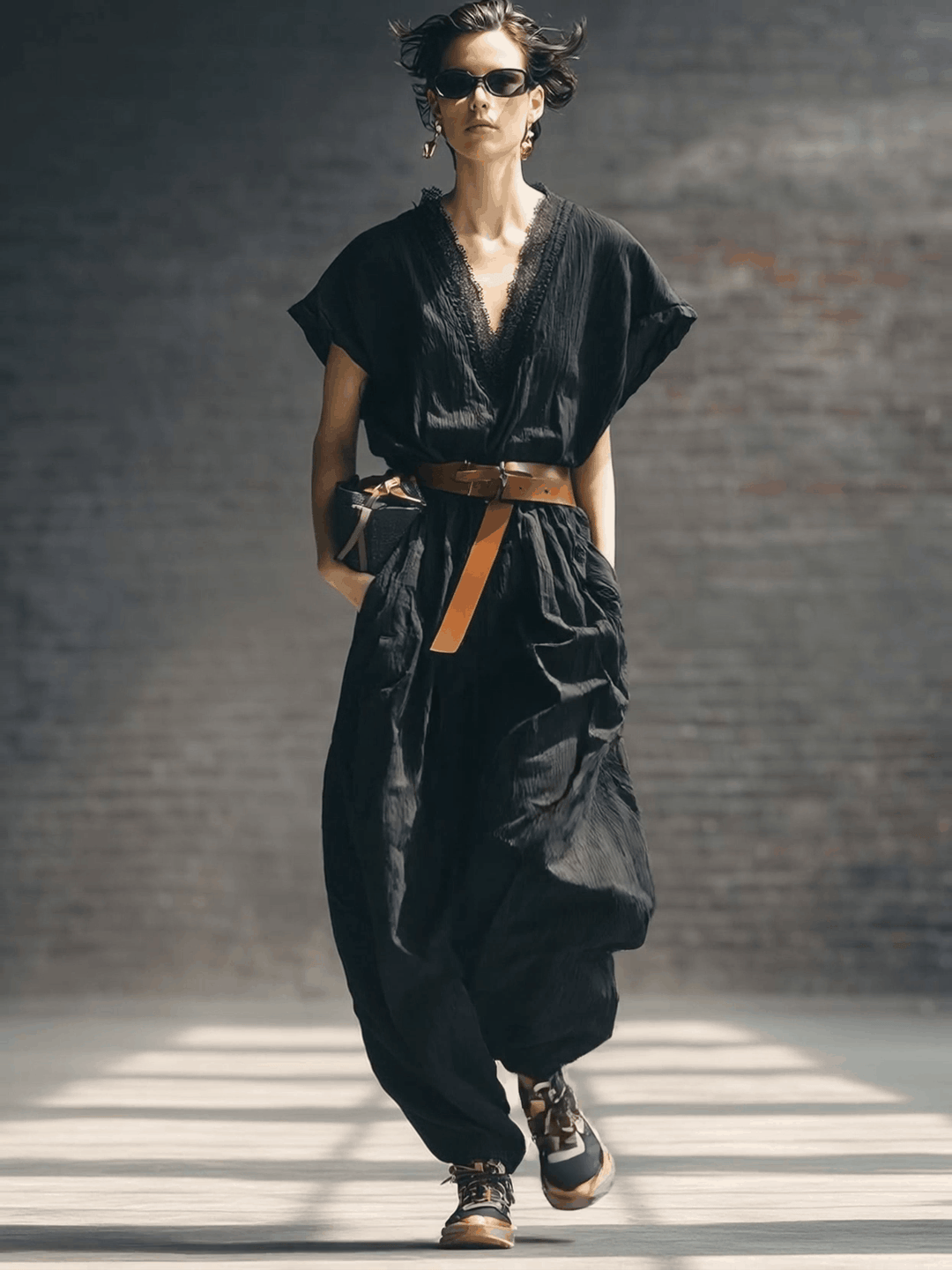 Archive | Loose-fitting V-neck Trim Black Jumpsuit