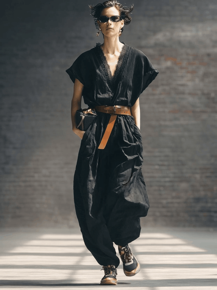 Archive | Loose-fitting V-neck Trim Black Jumpsuit