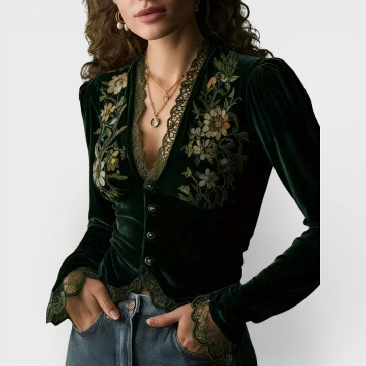Elina | Velvet Flower Embroidery Blouse