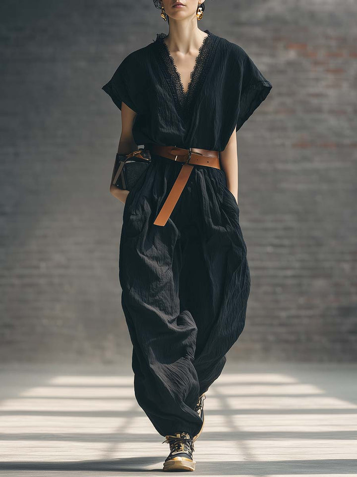 Archive | Loose-fitting V-neck Trim Black Jumpsuit