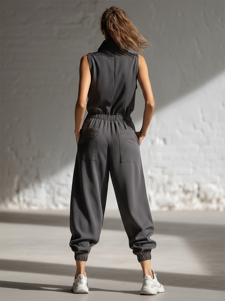 Classic | Loose-fitting Sleeveless Stand-collar Front-buttoned Jumpsuit