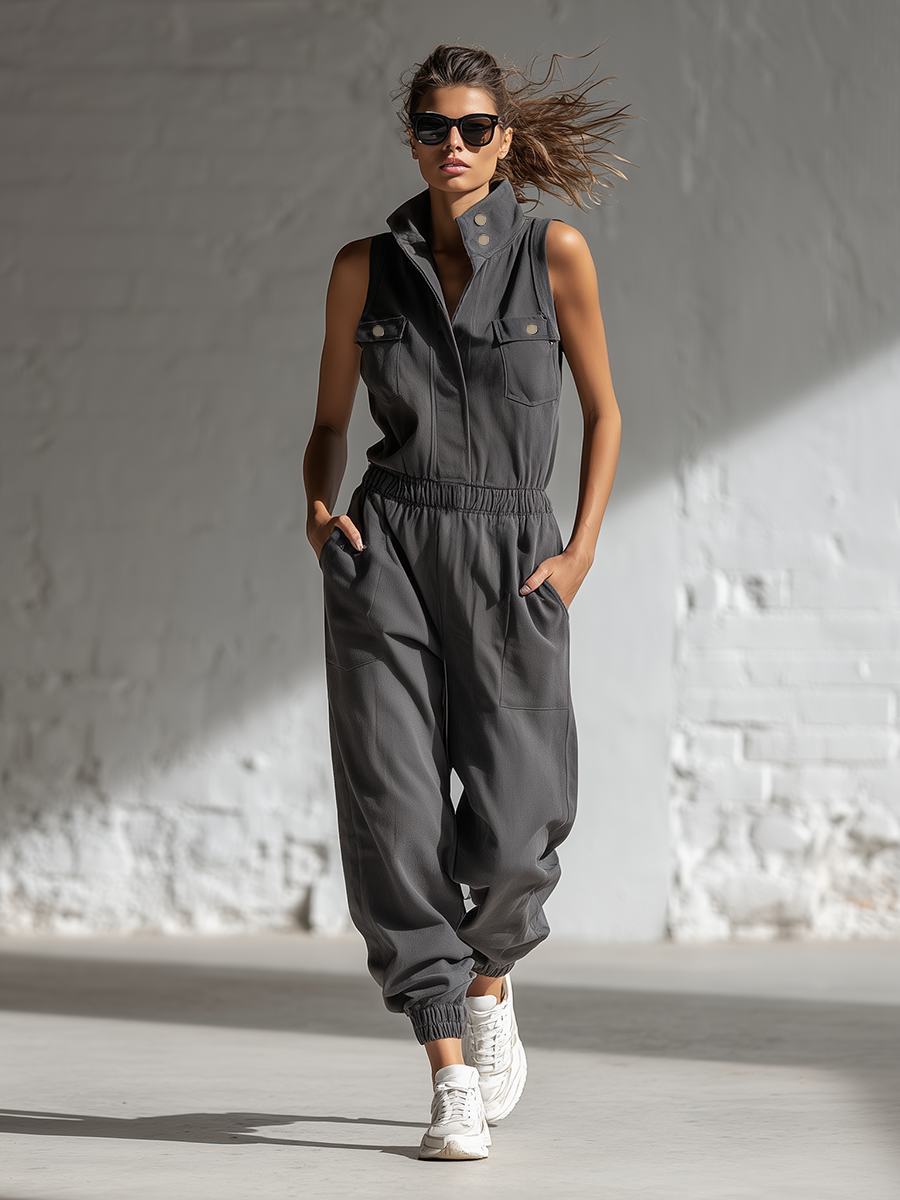 Classic | Loose-fitting Sleeveless Stand-collar Front-buttoned Jumpsuit