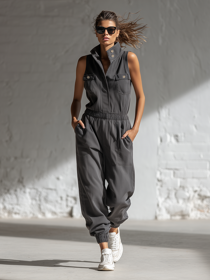 Classic | Loose-fitting Sleeveless Stand-collar Front-buttoned Jumpsuit