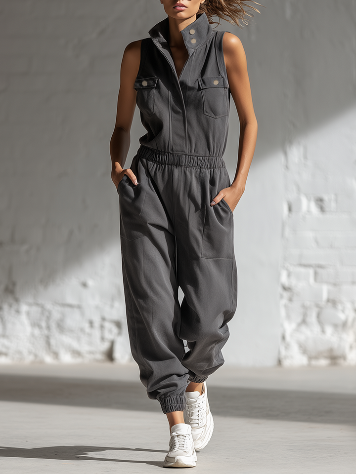Classic | Loose-fitting Sleeveless Stand-collar Front-buttoned Jumpsuit