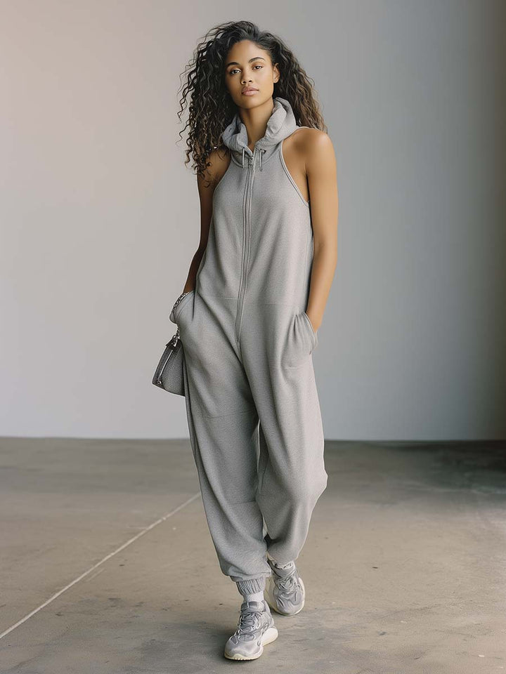 State | Sporty Hooded Front-zip Sleeveless Jumpsuit