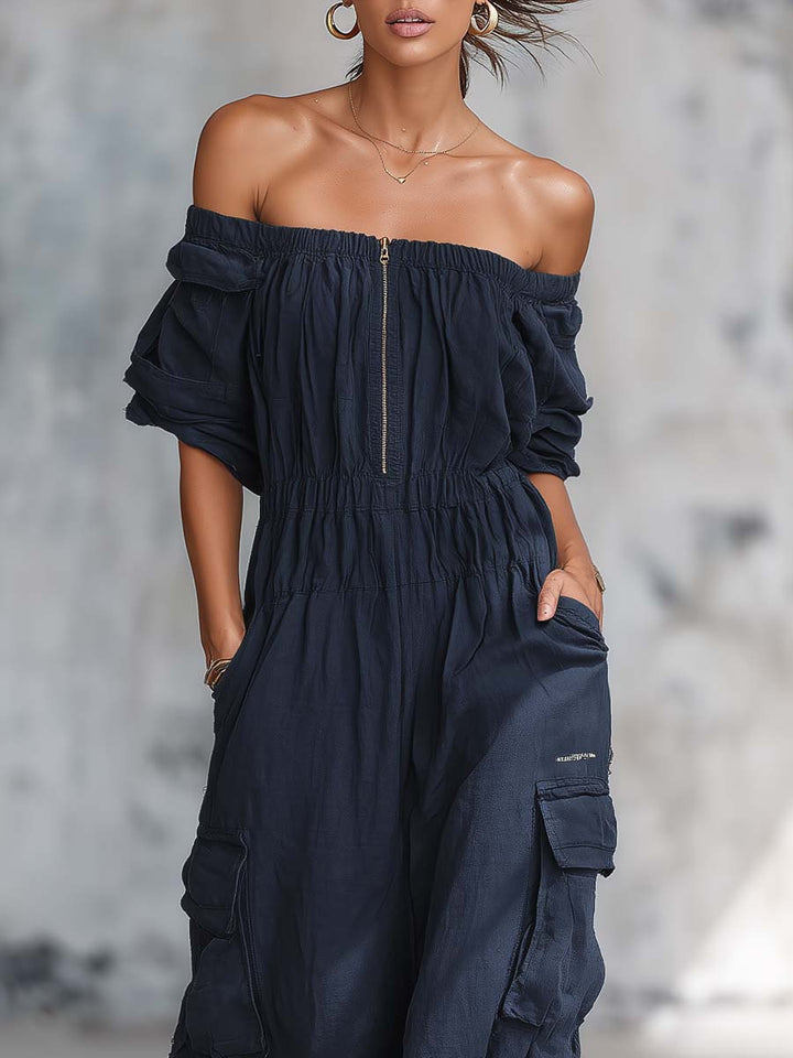 Essential | Breathable Off-shoulder Front Zipper Jumpsuit