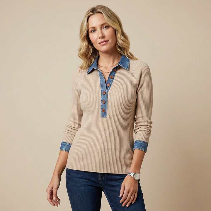 Buttoned Two-Tone Sweater with Modern Contrast Accents