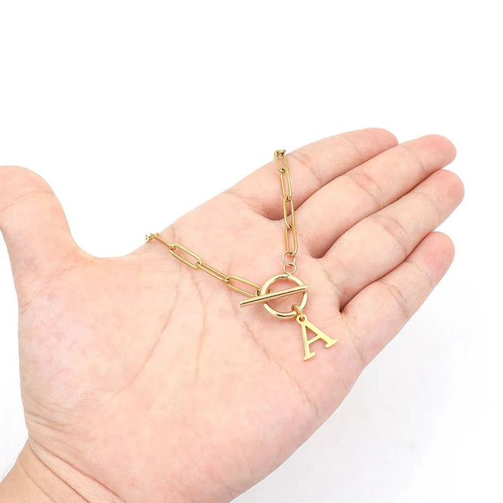 Initial Circle Lock Paperclip Necklace